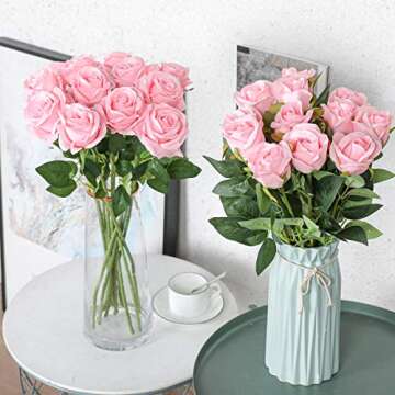Hawesome 12PCS Artificial Silk Flowers Realistic Roses Bouquet Long Stem for Home Wedding Decoration Party (Pink -1) 1