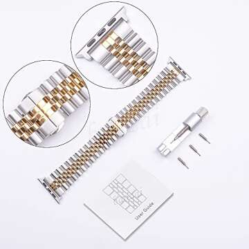 baozai Compatible with Apple Watch Band Ultra 2 Ultra 46mm 45mm 44mm, iWatch Series 10-1 SE Stainless Steel Strap with Butterfly Folding Clasp for Men, Silver/Gold