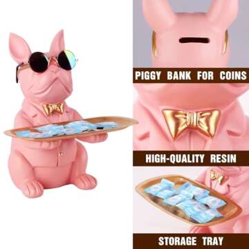 suruim French Bulldog Gifts Key Holder Candy Dish Tray Home Decor Resin Butler Statue Key Bowl Entryway Table Frenchie Dog Sculpture Dining Table Decor Office Small Object Tray (Pink)