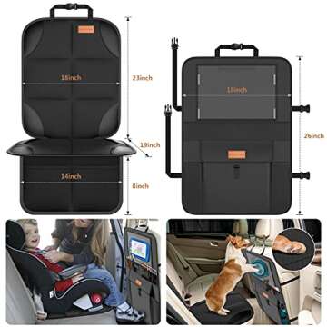 SMART ELF Non-Slip Backing Backseat Car Organizer Kick Mat with Storage Pockets, Large Waterproof Baby Car Seat Protector for Leather and Fabric (Black)