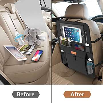 SMART ELF Non-Slip Backing Backseat Car Organizer Kick Mat with Storage Pockets, Large Waterproof Baby Car Seat Protector for Leather and Fabric (Black)