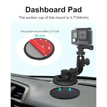 Aozcu Suction Camera Mount, Car Windshield Dashboard Camera Holder with 3M Adhesive Disk for GoPro Max, Hero 12 9 8 7 6 5, Session 5, DJI OSMO Action, AKASO, Campark, Canon, DSLRs and Other Cameras