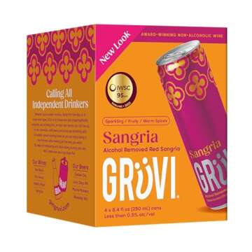 Gruvi Sangria Red Sparkling Spanish Non-Alcoholic Wine, 50 Calories, Gluten Free, 8.4 Fl Oz Per Can,...