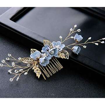 NUOBESTY 4 Pcs Wedding Hair Comb Rhinestones Crystal Floral Bridal Hair Clips Hair Pin Hair Jewelry for Wedding Dress Accessories (Blue)