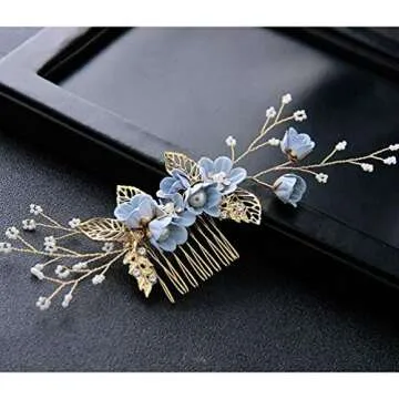 NUOBESTY 4 Pcs Wedding Hair Comb Rhinestones Crystal Floral Bridal Hair Clips Hair Pin Hair Jewelry for Wedding Dress Accessories (Blue)
