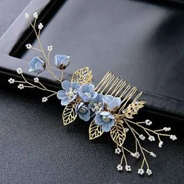 NUOBESTY 4 Pcs Wedding Hair Comb Rhinestones Crystal Floral Bridal Hair Clips Hair Pin Hair Jewelry for Wedding Dress Accessories (Blue)