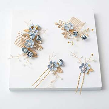 NUOBESTY 4 Pcs Wedding Hair Comb Rhinestones Crystal Floral Bridal Hair Clips Hair Pin Hair Jewelry for Wedding Dress Accessories (Blue)