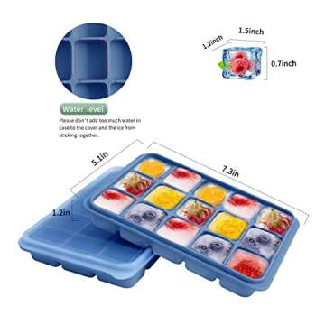 Ice Cube Trays Set of 2, Easy Release 15 Flexible Silicone Ice Cube Molds with Removable Lid Reusabl...