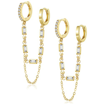Shownee Tassel Chain Small Gold Hoop Dangle Earrings - Huggie Earring Heart Star CZ 14K Gold Plated ...
