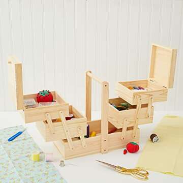 Juvale Wooden Sewing Box Organizer for Sewing Supplies with 3 Tier Drawers for Craft Tools, Needles,...