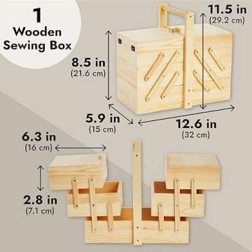 Juvale Wooden Sewing Box Organizer for Sewing Supplies with 3 Tier Drawers for Craft Tools, Needles, Pincushions, Art Supplies, Thread Spool Organizer (12.6 x 5.9 x 8.3 Inches)