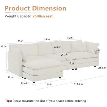 mikibama Modular Sectional Sofa, 111.5 Inch L Shaped Couch Set for Living Room, 3-Seater Comfy Cloud...