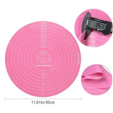 Silicone Cake Mat, 12 Inch Round Silicone Mat, Cake Mat with Measurements, Cake Turntable Mat, Reusable Cookie Mat for Rolling Dough, Non-Stick Heat Resistant, Pastry Baking Pad Pink