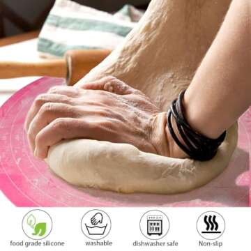 Silicone Cake Mat, 12 Inch Round Silicone Mat, Cake Mat with Measurements, Cake Turntable Mat, Reusable Cookie Mat for Rolling Dough, Non-Stick Heat Resistant, Pastry Baking Pad Pink
