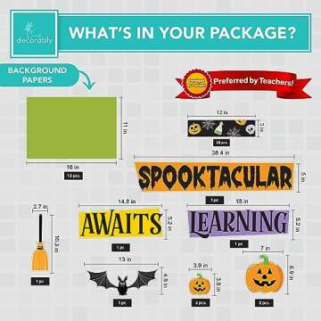 Decorably 76 Pcs Cutouts Halloween Bulletin Board Decorations Set with Borders, Halloween Decor for Classroom - School, Homeschool