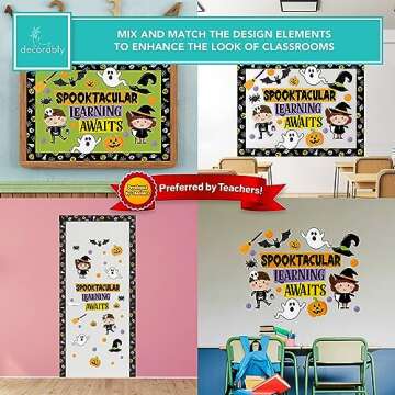 Decorably 76 Pcs Cutouts Halloween Bulletin Board Decorations Set with Borders, Halloween Decor for Classroom - School, Homeschool