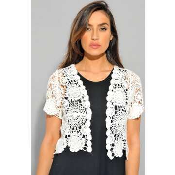 401147-Wht-XL Just Love Bolero Shrug / Women Cardigan,White Floral Crochet,X-Large