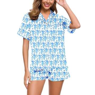 Generic Pajama Sets For Women Soft 2 Piece Button Down Shirts And Shorts Pjs Set Soft Animal Rabbit Printed Short Sleeve Sleepwear Y2K Loungwear Blue Today 2024 Warehouse Deals, Large