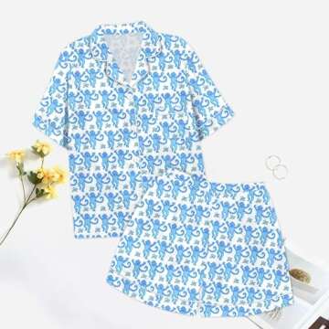 Generic Pajama Sets For Women Soft 2 Piece Button Down Shirts And Shorts Pjs Set Soft Animal Rabbit Printed Short Sleeve Sleepwear Y2K Loungwear Blue Today 2024 Warehouse Deals, Large
