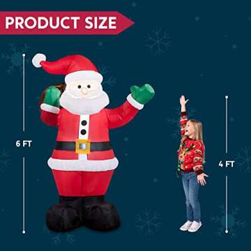 Joiedomi 6 FT Christmas Inflatable Santa with Gift Bag, Blow Up Xmas Inflatable Decorations with Build in LEDs for Christmas Decor, Yard Indoor Outdoor Garden Lawn Winter Decorations