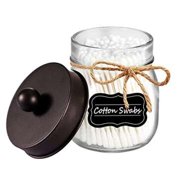 Amolliar Mason Jar Bathroom Vanity Organizer - Rustic Farmhouse Decor Bronze Bathroom Accessories -- Qtip Dispenser Holder Canister Glass for Q-tips,Cotton Swabs,Rounds,Ball,Flossers / Bronze,2-Pack