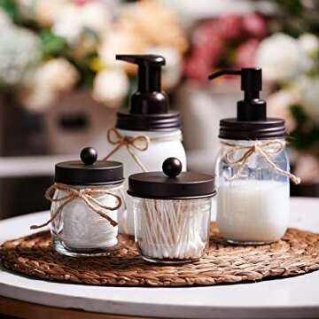 Amolliar Mason Jar Bathroom Vanity Organizer - Rustic Farmhouse Decor Bronze Bathroom Accessories -- Qtip Dispenser Holder Canister Glass for Q-tips,Cotton Swabs,Rounds,Ball,Flossers / Bronze,2-Pack