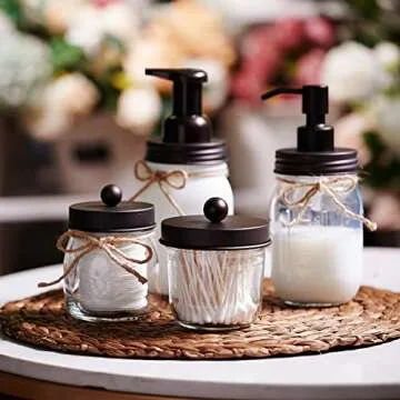 Amolliar Mason Jar Bathroom Vanity Organizer - Rustic Farmhouse Decor Bronze Bathroom Accessories -- Qtip Dispenser Holder Canister Glass for Q-tips,Cotton Swabs,Rounds,Ball,Flossers / Bronze,2-Pack