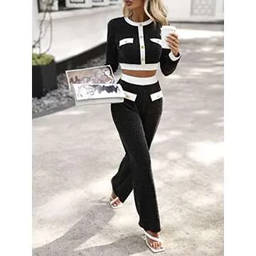SweatyRocks Women's 2 Piece Outfits Long Sleeve Button Front Crop Top with High Waist Wide Leg Pants Set Black White S