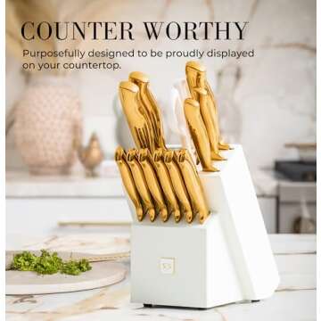 STYLED SETTINGS White and Gold Knife Set for Kitchen with Block – 14-Piece Full Tang Knives and Wh...