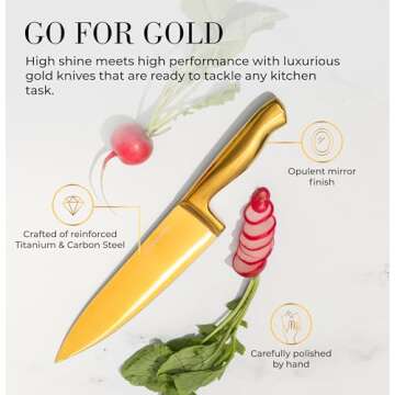 STYLED SETTINGS White and Gold Knife Set for Kitchen with Block – 14-Piece Full Tang Knives and White Knife Block with Built-In Sharpener – Luxurious Gold Kitchen Decor and Accessories