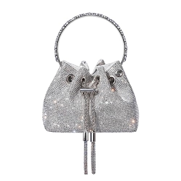 SWEETV Women's Rhinestone Bucket Bag - Sparkly Silver Evening Purse for Events