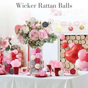 DomeStar 24PCS Pink Rattan Balls, Valentine's Day Decorative Balls for Bowl Centerpiece, 2 Inches Cute Wicker Balls, Bowl Fillers for Wedding Party Home Decor