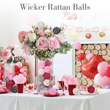 DomeStar 24PCS Pink Rattan Balls, Valentine's Day Decorative Balls for Bowl Centerpiece, 2 Inches Cute Wicker Balls, Bowl Fillers for Wedding Party Home Decor