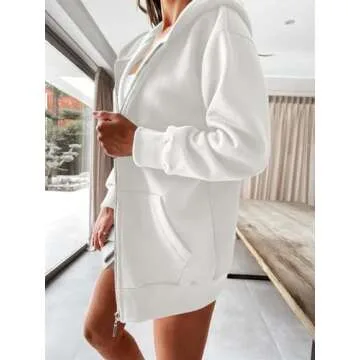 Yousify Women Casual Full Zip Up Plush Hoodie Comfy Loose Solid Sweatshirt Long Sleeve Jacket with Pockets White M