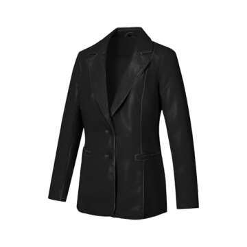 Bellivera Woman's Faux Leather PU Blazer Open Front Business Casual Jacket Mid-Length Fall Fashion C...