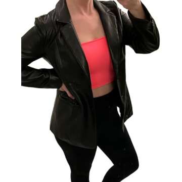 Bellivera Woman's Faux Leather PU Blazer Open Front Business Casual Jacket Mid-Length Fall Fashion Coat with Pockets 21002 Black S
