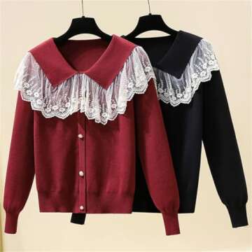 Chic Lace Doll Collar Cardigan for Women - Autumn Winter Style