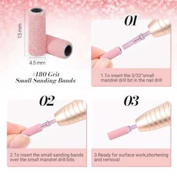 MelodySusie 50 Pcs Nail Drill Bits Small Sanding Bands with 3.1mm Mandrel Bit, 180 Fine Grit Nail File for Acrylic Nails Gel Manicures and Pedicure, Pink