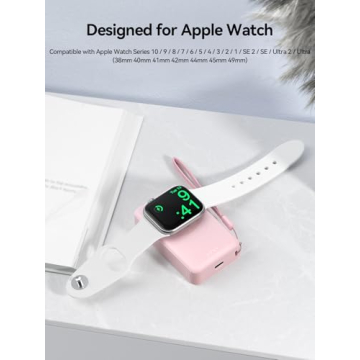 LVFAN Portable Charger for Apple Watch, 4000mAh iWatch Charger Power Bank Wireless Battery Pack Magnetic Travel Smart Watch Charger for Apple Watch Series 10 9 8 7 6 5 4 3 2 1 SE Ultra 2 Ultra (Pink)