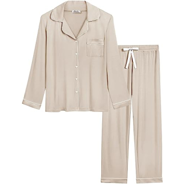 Joyaria Women’s Button Front Pajamas Set Long Sleeve Summer Pjs Pants Set (Cream, XXL)