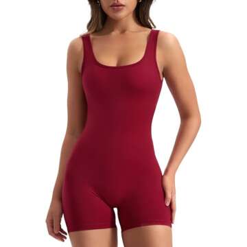 VOYJOY Jumpsuits for Women Tummy Control Backless Scrunch One Piece Workout Jumpsuits V Back Sleeveless Yoga Romper Wine Red XS