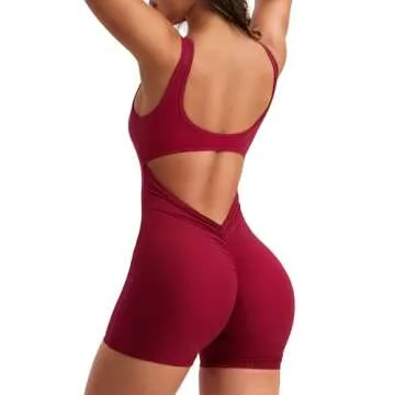 VOYJOY Jumpsuits for Women Tummy Control Backless Scrunch One Piece Workout Jumpsuits V Back Sleeveless Yoga Romper Wine Red XS