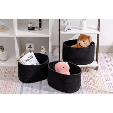 CubesLand Black Woven Baskets for Shelves Storage,Cube Shelf Closet, Set 3,Long-lasting &Skin-friendly Toy Storage Bin,Stylish Room Decor Basket,Cotton Rope Basket