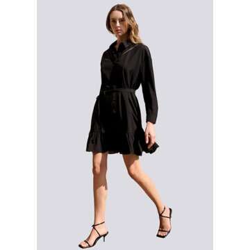 Olaesa Women's Black Shirt Dress Belted Collar Dress Button Down Long Sleeve Mini Dress Lace V Neck Fall Dresses with Pockets