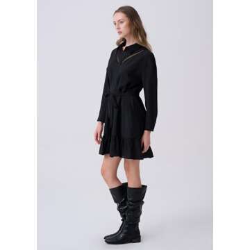 Olaesa Women's Black Shirt Dress Belted Collar Dress Button Down Long Sleeve Mini Dress Lace V Neck Fall Dresses with Pockets