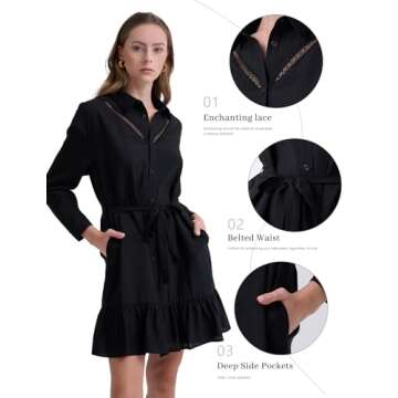 Olaesa Women's Black Shirt Dress Belted Collar Dress Button Down Long Sleeve Mini Dress Lace V Neck Fall Dresses with Pockets