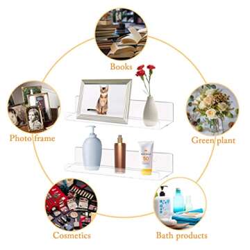 QPEY Clear Acrylic Shelves,15" Invisible Floating Bookshelf Wall Mounted Wall Shelves for Picture Display,Record Storage,Book,Magazine,Files Organizer-Acrylic Shelves 2 Packs