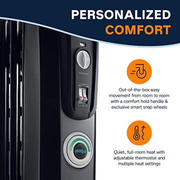 De'Longhi Oil filled Radiator Heater, 1500W Electric Space Heater for indoor use, portable room heater, Energy Saving, full room like office and bedroom with safety features, EW7707CB