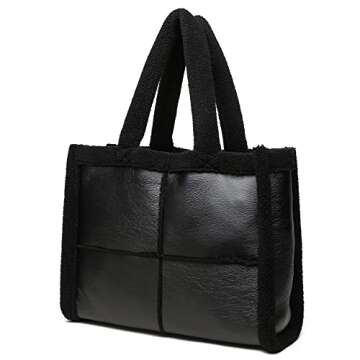 Like Dreams Women Soft Sherpa Tote Vintage Vegan Leather Winter Fashion Large Handbag Purse (Black)
