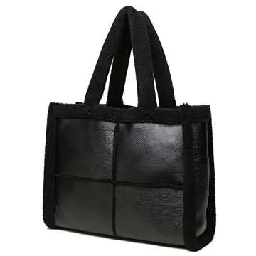 Like Dreams Women Soft Sherpa Tote Vintage Vegan Leather Winter Fashion Large Handbag Purse (Black)